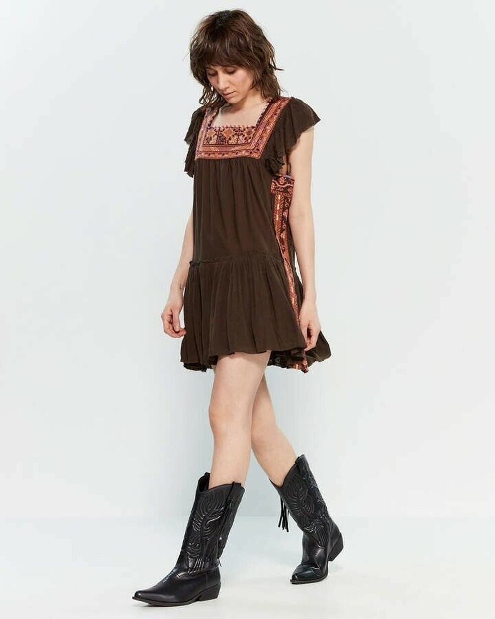 New Free People Day Glow Boho Mini Dress Retail $128 Brown Size XS
